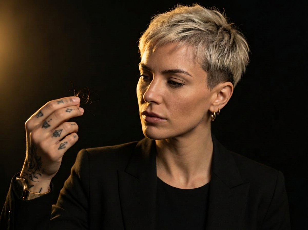 Woman with a blonde pixie haircut and tattoos examining a few shed hairs in warm gold light