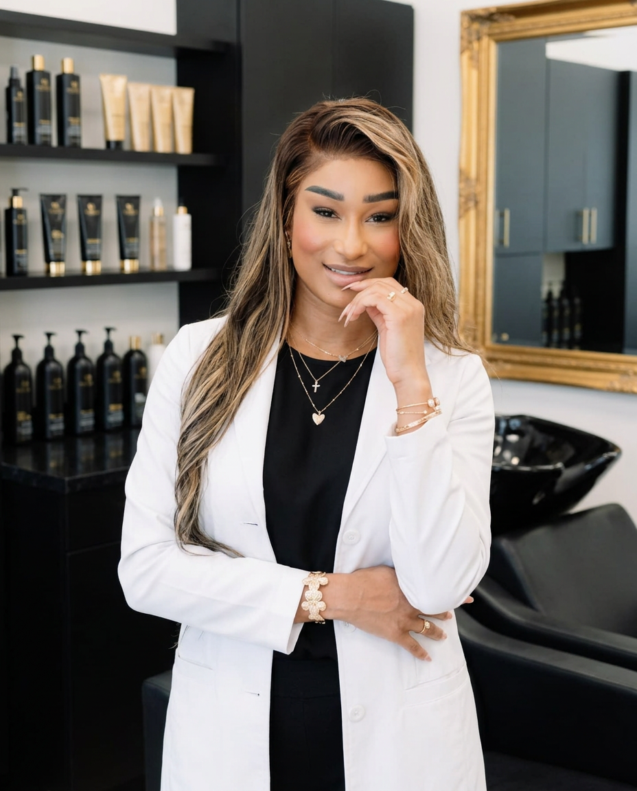 Dasia Clearman in a white lab coat in a black-and-gold salon scalp-care suite