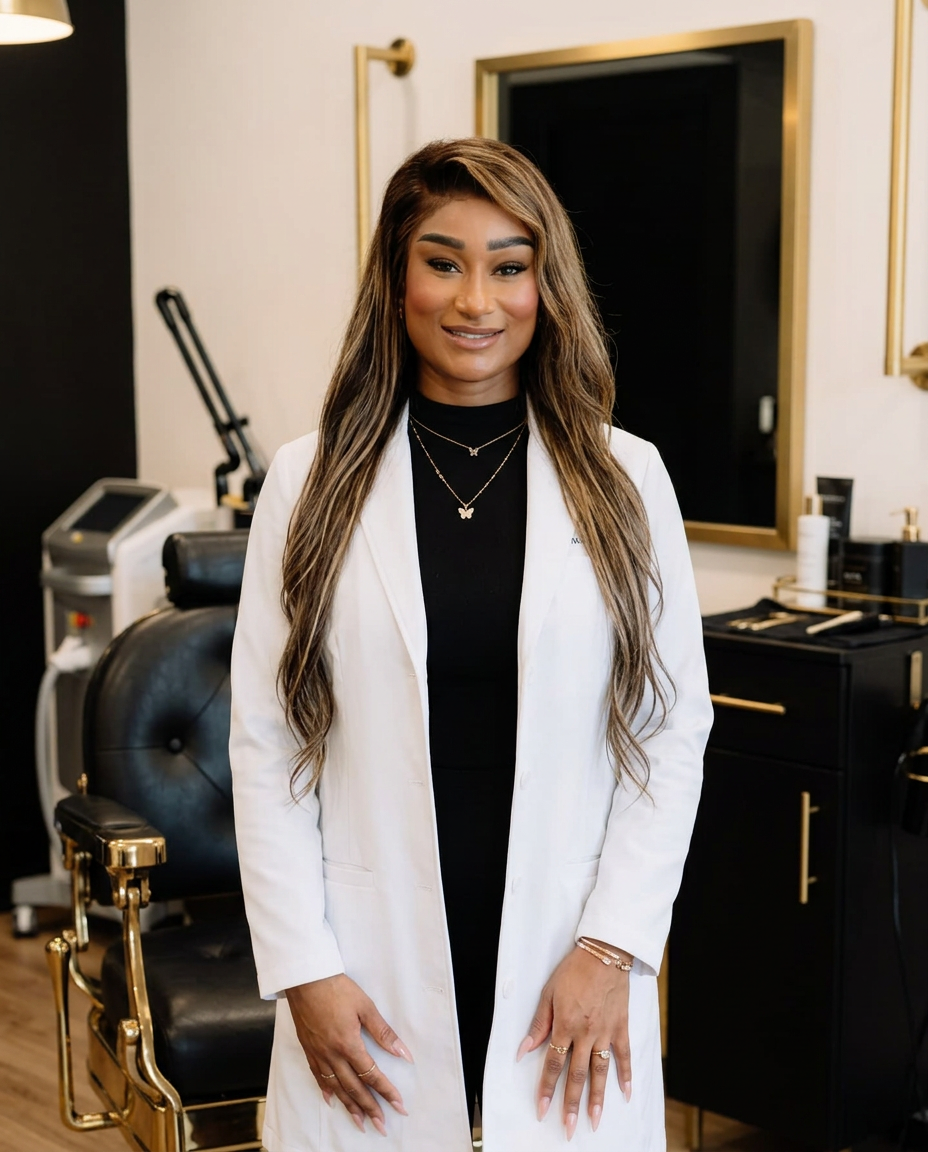 Dasia Clearman in a white lab coat in a black-and-gold hair-care setting